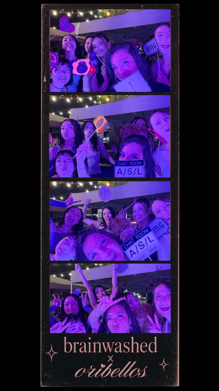 A real photo strip output from a Brainwashed x Oribello's event — four photos with brand framing